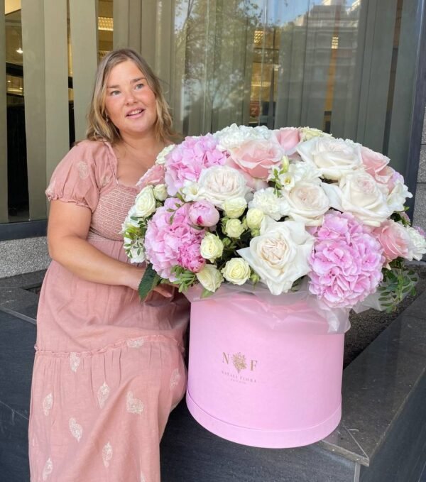 Large bouquet of hydrangeas and roses in box