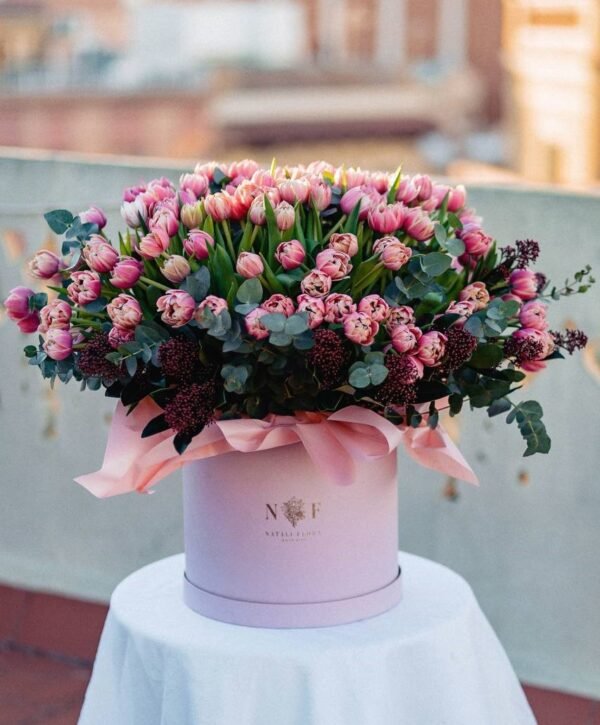 Large tulip bouquet in a box