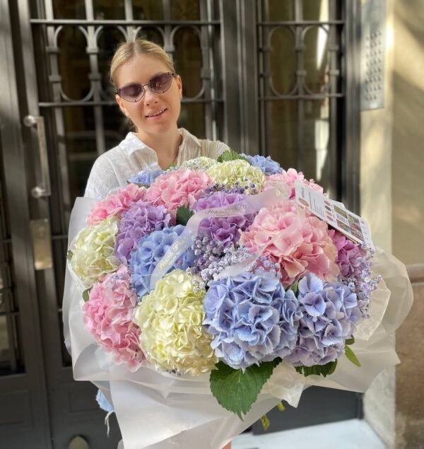 Large bouquet of hydrangeas in different colours