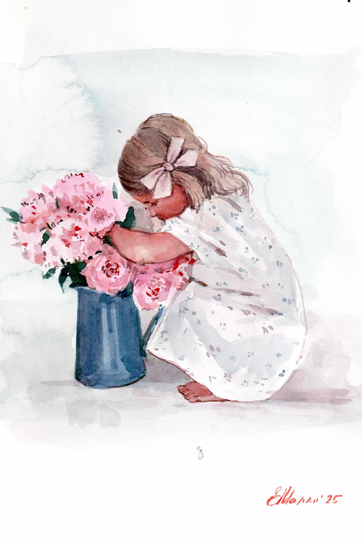 Tarjeta "Niña con peonías"