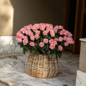 Rosas rosadas en una cesta