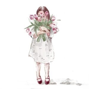 Tarjeta decorativa “Niña con tulipanes”