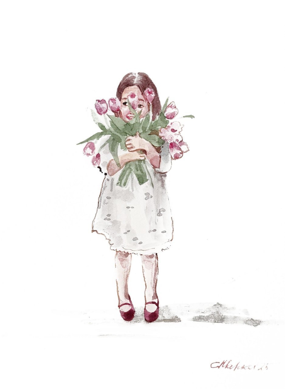 Tarjeta decorativa “Niña con tulipanes”